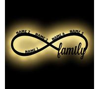 Lampe Murale Led Modèle Infini Family - Veilleuse Déco en Bois Avec Cinq Prénoms Personnalisable - Idée De Cadeau D' Anniversaires, Baptêmes, Naissance Pour Garçons et Filles.