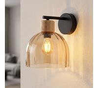 Lampe Murale LED, Wandleuchte, Verre Ambre, Bois Noir, H 24 cm