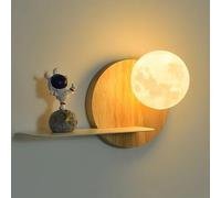 Lampe Murale Lune Chambre Enfant Applique intérieure Bois Moderne Couvercle Rond Lampe décorative Astronaute Lampe de Chevet Murale 3D Lune Veilleuse 3000K/4500K/6000K pour Enfant Chambre à Coucher
