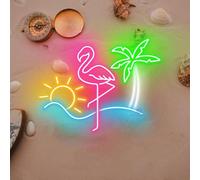 Lampe néon d'été à intensité variable alimentée par USB, en acrylique, flamant rose, palmier vert, décoration artistique pour décoration de plage, chambre de fille, hôtel, plage, piscine, fête (40 x
