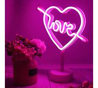Lampe néon « Love » en forme de cœur et flèche rose - Veilleuse avec socle - LED néon - Fonctionne avec piles - Lampe de table - Décoration pour chambre d'enfant, chambre à coucher, salon, fête