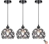 Lampe Pédant Fonctionnant sur Batterie Rechargeable avec Télécommande Et Ampoule Câblage en Cristal Lampe Suspendue Au Plafond Non Câblé Luminaire Suspendu pour îlo, Black, 3 Pack