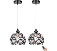 Lampe Pédant Fonctionnant sur Batterie Rechargeable avec Télécommande Et Ampoule Câblage en Cristal Lampe Suspendue Au Plafond Non Câblé Luminaire Suspendu pour îlo, Black, 2 Pack