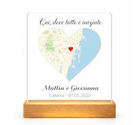 Lampe personnalisée 15 x 15 cm avec carte du lieu première rencontre baiser - plaque où tout est commencé avec base en bois - cadeau couple, anniversaire, mésiversaire, petits amis, Saint Valentin