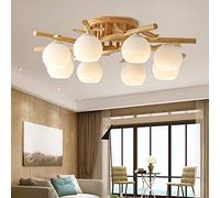 Lampe plafond Bois Massif E27 Couleur Bois Plafonnier Créatif Intérieur Salon Lampe Abat-Jour En Verre Pays Style Pastoral Lustre Salle À Manger Chambre Cuisine Bar Table À Manger Éclairage,8 heads