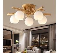 Lampe plafond Bois Massif E27 Couleur Bois Plafonnier Créatif Intérieur Salon Lampe Abat-Jour En Verre Pays Style Pastoral Lustre Salle À Manger Chambre Cuisine Bar Table À Manger Éclairage,5 heads