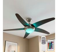Ventilateur de plafond plafonnier lampe de salon ventilateur de chambre lampe de chambre avec télécommande, métal verre MDF marron argent, dimmable, 1x LED RVB 4,8W 470Lm 3000K blanc chaud, D 132 cm