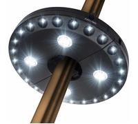 Lampe pour parasol à clip 28 LED, 3 modes de luminosité - Blanc froid, alimentation sur piles, clip réglable pour mât Ø2,2-4,6 cm