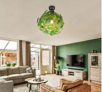 Plafonnier salle à manger Plafonnier lampe de salon lampe de chambre à coucher lampe de couloir, métal plastique noir vert design feuilles, 1x E27, H 58 cm