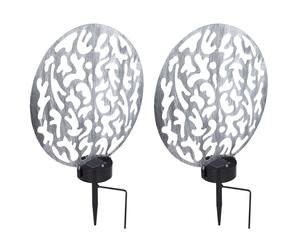 Lampe solaire à brancher, lampe solaire, ronde, lampe d'extérieur, décoration de jardin, piquet de sol, effet lumineux, métal argenté antique, 2x LED blanc chaud, LxlxH 30x10x41 cm, lot de 2