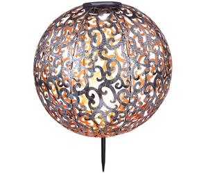 Lampe solaire à LED Décoration de jardin Lampe d'extérieur Lampe de terrasse argentée antique Lampe sphérique avec piquet de terre, découpes décoratives, métal, blanc chaud, DxH 28,5 x 40 cm