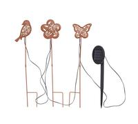 Lampe solaire à LED Piquet de terre Décoration de jardin Lampe extérieure, métal rouillé, fleur, oiseau, papillon, l x h 11 x 45 cm, lot de 3