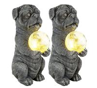 Lampe solaire chien Décoration de jardin Figure animale grise Lampe solaire boule verre brisé chien, LED blanc chaud, LxlxH 17,5x13x29 cm, lot de 2
