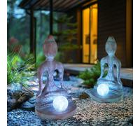 Lampe solaire Décoration de jardin Lampe extérieure Figure de jardin Bouddha Décoration Résistant aux intempéries, plastique verre gris bronze, 1x LED 6000K blanc froid, H 30 cm, lot de 2
