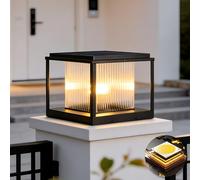 Lampe Solaire De Poteau Avec Télécommande Pour Extérieur, Style Moderne, Lanterne De Pilier Noire, Éclairage Colonne Porche Ou Portail, Borne Lumineuse Sur Pied En Verre Étanche, Lampe Solaire LED