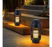 Lampe de table solaire, lampe d'extérieur, lanterne, bougie, lampe de jardin, lampe de terrasse, effet flamme, plastique noir, batterie, 1x LED blanc chaud, H 33 cm, lot de 2