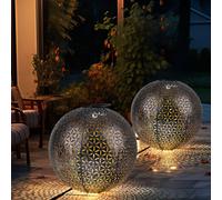 Lampe solaire boule lumineuse enfichable jardin terrasse piquet oriental, métal gris argenté, batterie, 1x LED blanc chaud, DxH 27x38 cm, lot de 2