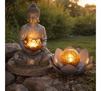 Lampe Solaire Décorative D'Extérieur LED Bouddha Lotus Crackle Verre 2er Set