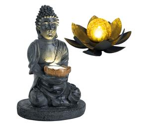 Lampe solaire d'extérieur Bouddha Feng Shui fleur solaire d'extérieur fleur de lotus verre craquelé solaire, gris, ampoules LED, 1x lotus 1x bouddha, lot de 2