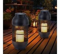 Lampe de table solaire, lampe d'extérieur, lanterne, bougie, lampe de jardin, lampe de terrasse, effet flamme, plastique noir, batterie, 1x LED blanc chaud, H 33 cm, lot de 2