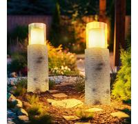 Lampe solaire LED d'extérieur, lampe solaire de jardin, lampe de table, lampe de terrasse, aspect bois, verre plastique blanc, batterie incluse 6-8h, 1200K, H 43,5 cm, lot de 2