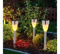 Lampes à brancher, lumière solaire, lampe de jardin, lampe de chemin, terrasse, batterie IP44, piquet, effet de feu, acier inoxydable, satin noir et blanc, LED blanc chaud, DxH 5,5x36,5cm, lot de 3