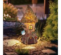 Maison de fée pour le jardin, décoration solaire pour jardin extérieur, lampes solaires pour décoration extérieure, maison en tronc d'arbre, 1x LED blanc chaud, H 23 cm