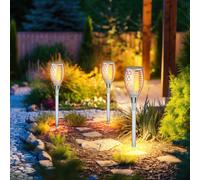Lampes solaires pour jardin extérieur lampe enfichable effet flamme IP44 batterie lampes solaires jardin, plastique argent, 1x LED 3000K, DxH 10x58cm, lot de 3