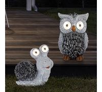 Sculpture de jardin solaire pour décoration de jardin extérieur escargot chouette figurine sculpture batterie grise, 1x escargot et 1x chouette, plastique, 2x LED 3000K, lot de 2