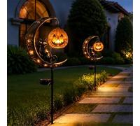 Lampe solaire d'Halloween avec piquet en forme de lune et chat noir et | Lanterne solaire imperméable en forme de chat noir sur croissant de lune avec citrouille suspendue pour extérieur, patio