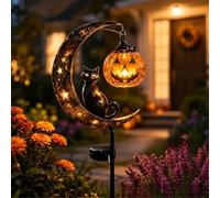 Lampe solaire d'Halloween en forme de lune avec motif chat et citrouille | Décoration d'extérieur étanche à LED avec croissant de lune - Lanterne suspendue pour jardin, terrasse, allée