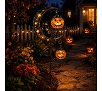 Lampe solaire d'Halloween en forme de lune avec motif chat et citrouille | Lanterne solaire étanche en forme de chat noir sur croissant de lune avec citrouille à suspendre, pour extérieur, patio