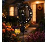 Lampe solaire d'Halloween en forme de lune avec motif chat et citrouille Noir