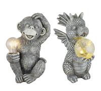 Lampe solaire dragon boule décoration jardin animal gris sculpture singe lampe solaire, plastique, LED blanc chaud, lot de 2