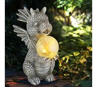 Lampe solaire dragon décoration de jardin figure animale grise lampe solaire boule verre brisé dragon, LED blanc chaud, LxlxH 19x13,5x27,5 cm