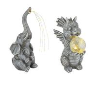 Lampe solaire dragon sphère verre cassé décoration de jardin figure animale aspect pierre lampe solaire éléphant, gris, LED blanc chaud, set de 2