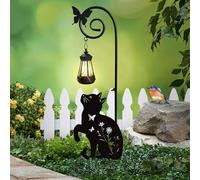 Lampe solaire en forme de chat - Piquet de jardin en métal noir