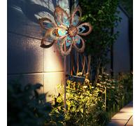 Décoration de jardin LED Lampe solaire Moulin à vent Lampe de terrasse Piquet de terre, métal doré bleu, verre brisé, blanc chaud, LxH 22,5 x 92 cm