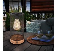 Lampe solaire lampe de table extérieur LED décoration de jardin bois, grille métal noir, 3000K blanc chaud, DxH 12x25,5 cm
