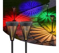 Lampe Solaire Exterieur Jardin, RGB et Lumière Chaude, IP65 Étanche Spot Solaire Exterieur Puissant, 2 en 1 Lumiere Solaire Exterieur pour Éclairage Jardin, Décoration Fête, Halloween, Noël, Pack 2
