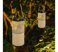 Lampe solaire de jardin en bambou lampes solaires lanterne en rotin à poser et à suspendre, 1x LED blanc chaud, DxH 12 x 45 cm, lot de 2