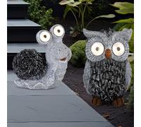 Sculpture de jardin solaire pour décoration de jardin extérieur escargot chouette figurine sculpture batterie grise, 1x escargot et 1x chouette, plastique, 2x LED 3000K, lot de 2