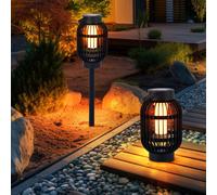 Lampe de table solaire LED effet flamme lampe d'extérieur 2 en 1 sur piquet de jardin, plastique noir, avec poignée de transport, batterie, H 72,5 cm, lot de 2