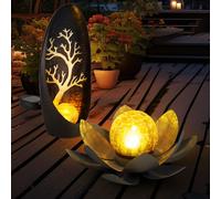 Lampe solaire fleur de lotus lampes décoratives de jardin extérieur lampe solaire extérieure fleur solaire, effet de lumière verre craquelé, 1x fleur de lotus 1x lampadaire, LED blanc chaud, lot de 2