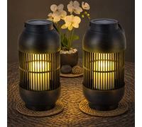 Lampe de table solaire, lampe d'extérieur, lanterne, bougie, lampe de jardin, lampe de terrasse, effet flamme, plastique noir, batterie, 1x LED blanc chaud, H 33 cm, lot de 2