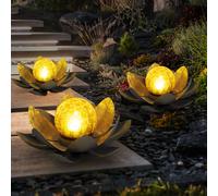 Asia Garten Lotusblüte Deko Fleur de lotus solaire pour l'extérieur Lampe de jardin Luminaires décoratifs, verre craquelé Feuilles métalliques grises, 1x LED, D 25 cm, lot de 3