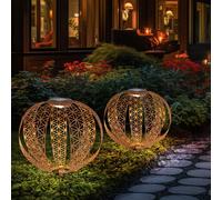 Boule solaire aspect rouille pour lampe solaire d'extérieur rouille lampe solaire de jardin boule orientale, batterie IP44, avec effet lumineux et piquet de terre, 1x LED blanc chaud, D 30cm, lot de 2