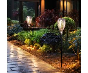 Lampe solaire lampe de jardin lampe solaire de terrasse à batterie lampe solaire pour l'extérieur, verre métallique, piquet de terre, 1x LED blanc chaud, DxH 11x90 cm, lot de 2