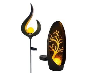 Lampe solaire, lampe décorative, lumière extérieure, lampe solaire à brancher, lampe de jardin, solaire, verre métallique, 1x flamme, 1x motif arbre, ampoules LED, lot de 2