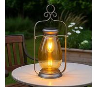 Lanterne solaire LED, lampe d'extérieur, décoration de jardin, lampe de balcon, métal verre ambre argent, batterie IP44 résistante aux intempéries, blanc chaud 3000K, H 36,5 cm